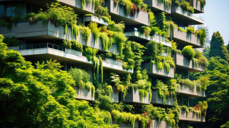 Eco Architecture. A building facade covered with vibrant green plants in the heart of the city. Perfect for showcasing innovative and eco-friendly designs.の素材