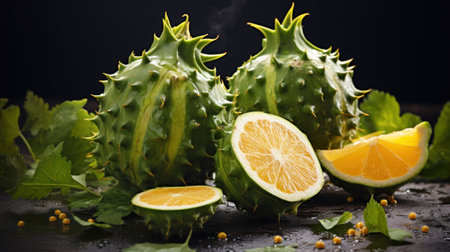 A hybrid of Kiwano and orange fruits. Whole fruit and half. On a dark background with drops of water. Exotic tropical fruits. Organic vegan dessert. Food. Close up.の素材