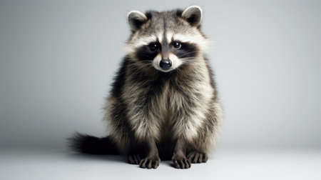 Raccoon in full body on light grey background. Showcasing its distinct facial features and fur texture. Ideal for educational content, wildlife presentations.の素材