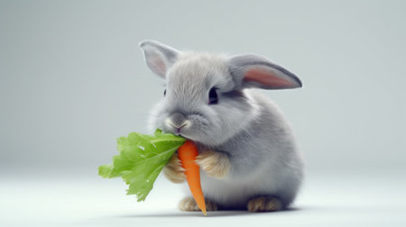 Grey Rabbit with Fresh carrot and lettuce on light gradient background. Cute fluffy bunny. Easter concept. Ideal for pet food advertisements, educational content, veterinary or animal care promotions.の素材