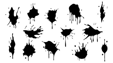 Set of Ink blots. Abstract stains with drops and splashes. Black paint splatter. Vector illustration isolated on a white background. Liquid dirty inkblots. Grunge texture. Design elements.のイラスト素材