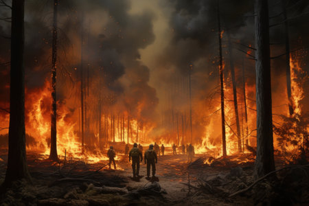 Forest Blaze Containment Efforts. Firefighters are engulfed in thick smoke as they attempt to contain a forest fire. Can be used in news articles or documentaries about natural disasters.の素材
