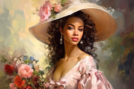 Pretty Young African American woman in dress and hat with flowers. Portrait in style of oil painting. Noble lady of 18th century. For Postcard, greeting, wall decor, print. International Womens Day.の素材