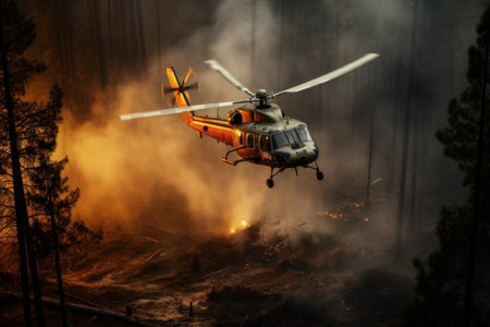 Helicopter extinguishes a fire in the forest. View from above. Helicopter Overcomes Forest Inferno. Brave firefighters stop natural disaster and save nature. Suitable for safety campaignsの素材