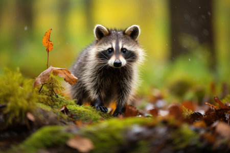Cute Raccoon amidst a vibrant green forest, surrounded by leaves and moss. Animal in natural habitat. Ideal for wildlife and nature themes, nature magazines, websites, or wildlife presentations.の素材