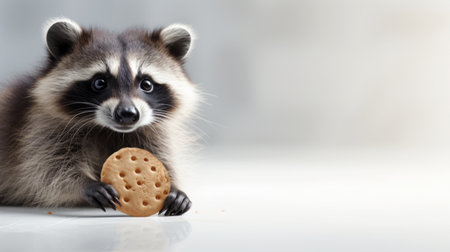 Raccoon caught in the act, holding a cookie with a surprised expression. On light background. With copy space. Cookie Thief. Cute animal. Perfect for snack ads or funny animal images. Banner, posterの素材