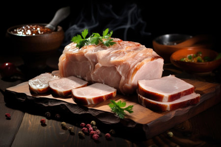 Bacon. Salted pork lard, traditional dish of Ukrainian cuisine. Salo. Close up of sliced pork belly served on a wooden cutting board. On dark background. Ideal for restaurant menu, food blog, cookbookの素材