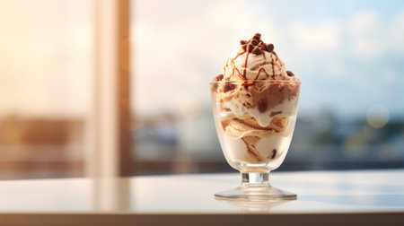 Vanilla ice cream topped with chocolate pieces in transparent glass on light blurred background with bokeh. Ideal for dessert menu, food blog, advertisement, magazine, recipe book.の素材