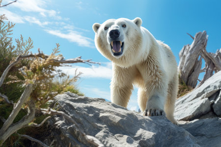 Polar Bear in Natural Habitat. A polar bear stands on rock amidst a snowy landscape, with mountains and blue sky in the background. Ideal for wildlife and nature themes.の素材