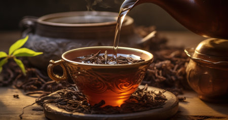 Brewing Moment with Tea Leaves and Elegant Serveware. Capturing the pour of hot tea into an elegant cup, surrounded by scattered loose leaves of tea.の素材