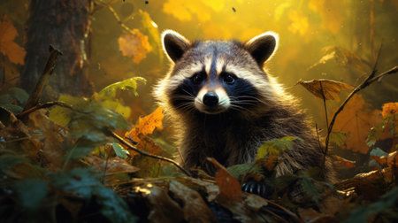 Close-up of a raccoon in forest, surrounded by leaves, bathed in warm sunlight. Ideal for wildlife and nature themes, educational content, and environmental awareness campaigns.の素材