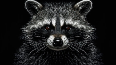 Close-up of raccoon s face, showing detailed fur texture and intense eyes, isolated on black background. Ideal for wildlife and nature themes, educational content, environmental awareness campaigns.の素材