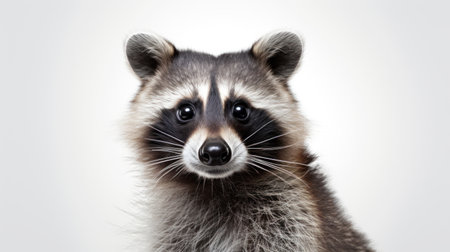 Close-up of a raccoon, showing detailed fur and expressive eyes, set against a white background. With copy space. Perfect for nature publications, wildlife campaigns, or as wall art.の素材