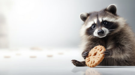 Raccoon with wide eyes, clutching a cookie. On light background. With copy space. Sweet Bandit. Cute animal. Suitable for comedic content or illustrating food attraction. Banner, posterの素材