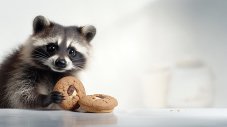 A raccoon caught in the act, holding a cookie with a surprised expression. On light background. With copy space. Cookie Thief. Cute animal. Perfect for snack ads or funny animal images. Bannerの素材