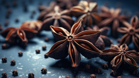 Close-up of star anise and seeds on a dark blue textured surface, showcasing the intricate details of the spices. Ideal for culinary projects, spice catalogs, or food blogs.の素材