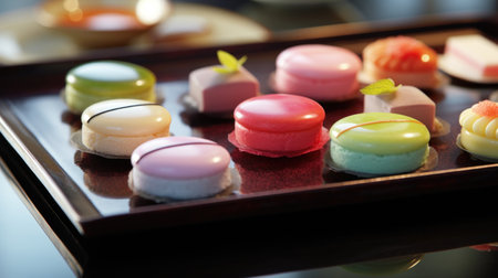 Japanese wagashi traditional sweets on lacquered tray. Colorful confections. A healthy dessert made from natural ingredients. Sweets made from rice and legumes for the Japanese tea ceremony.の素材
