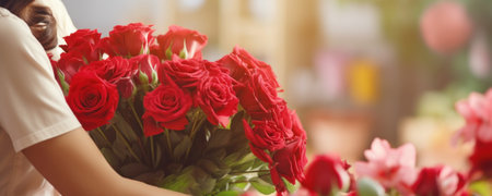 Person holding beautiful bouquet of fresh red roses flowers, on blurred background. Florist make bouquet. Banner with copy space. Suitable for greeting, postcard, special occasions or floral shops.の素材