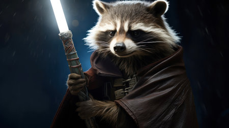 Raccoon Jedi in leather coat, holding a glowing blue lightsaber against dark background. Ideal for fantasy or sci-fi themes, game or book covers, and digital media applications.の素材
