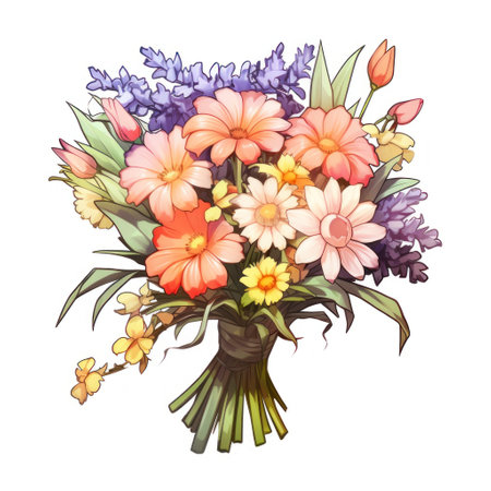 Colorful Bouquet of Mixed Flowers in peach purple colors. Flat style icon illustration. Isolated on white background. Ideal for greeting cards, decoration, print media, event invitations or postersの素材