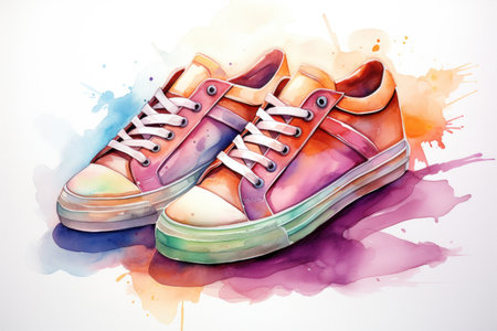 Pair of pink sneakers against a vibrant, multicolored paint splash background. In watercolor style. Ideal for ads, posters, or youth-oriented visuals.の素材