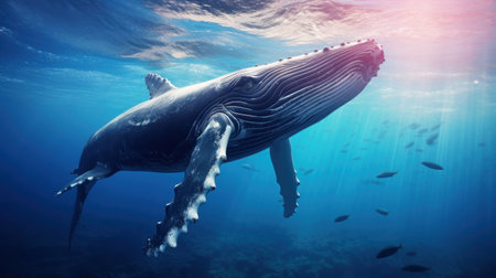 Majestic whale glides through deep blue waters accompanied by a school of fish. Suitable for educational content, ocean-themed artwork or documentaries.の素材