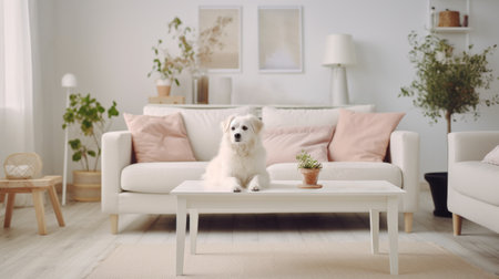 Modern interior of a bright, cozy living room in a Scandinavian style in soft colors with Purebred white Bichon Frize dog. Advertising, banner, poster, placard. Ideal for pet, home, or lifestyle content.の素材