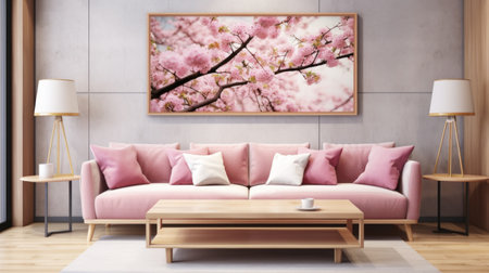 Elegant Pink Interior with Floral Cherry Blossom Wall Art and Contemporary Furniture. Room is filled with natural light. Perfect for design inspiration, magazines, blogsの素材