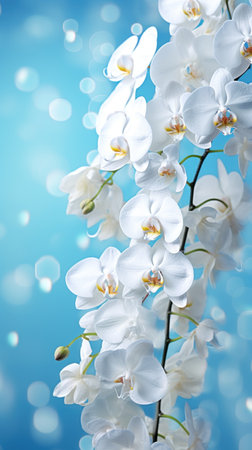 White orchids bouquet against a sparkling blue background with bokeh. With copy space. Ideal for poster, greeting card, event invitation, promotion, advertising, print, elegant design. Verticalの素材