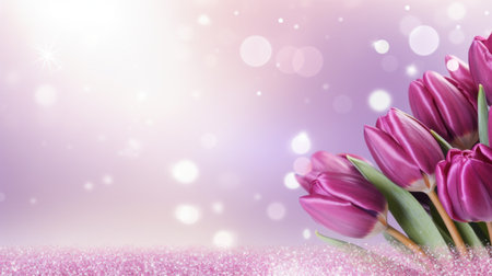 Purple tulips bouquet on light purple background with bokeh. Banner with copy space. Perfect for poster, greeting card, event invitation, promotion, advertising, print, elegant design.の素材