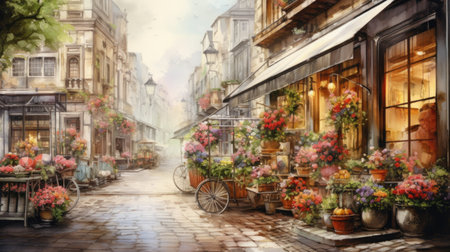 Modern street floral market on Europe style. Illustration in watercolor style. Variety of fresh, vibrant flowers displayed for sale at outdoor market. For floral business promotions or advertisements.の素材