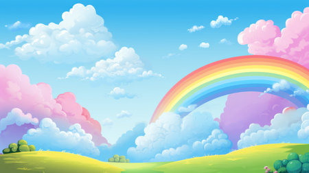 A colorful landscape with a vibrant rainbow, fluffy clouds, and green hills. Cartoon illustration. Ideal for childrens content or cheerful designs.の素材