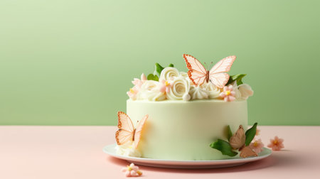 Elegant cake adorned with white icing, flowers, and butterflies on a green backdrop. Ideal for celebrations, events, or bakery advertisements.の素材