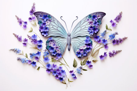 Illustration of Butterfly and blooming flowers isolated on white background. In pastel blue purple colors. Ideal for use in greeting card designs, wall art, or spring-themed advertisements.の素材