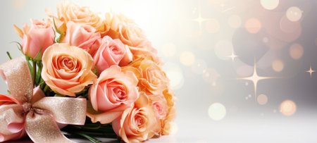 Peach roses bouquet on a light background with glitter and bokeh. Banner with copy space. Perfect for poster, greeting card, event invitation, promotion, advertising, print, elegant design.の素材