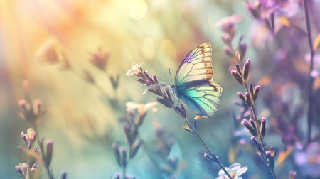 Butterfly on blooming flowers, with a blurred bokeh background. Rainbow pastel colors. Banner with copy space. Ideal for presentations, articles, websites related to nature, design, or decoration.の素材