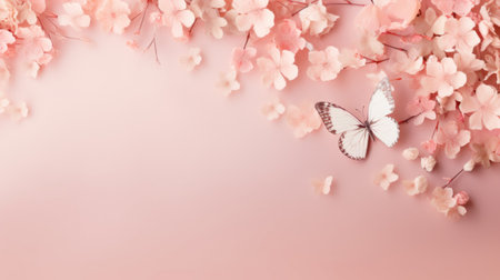 Vibrant Butterflies and blooming flowers against a soft peach pink background. Pastel colors. Banner with copy space. Ideal for backgrounds, wallpapers, greeting cards, banners, postersの素材