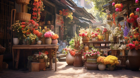Modern street floral bazaar on Asian style. Variety of fresh, vibrant flowers displayed for sale at outdoor market. Perfect for floral business promotions or advertisements. Horizontal formatの素材