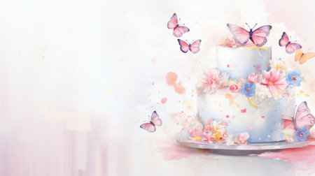 Watercolor cream cake decorated with butterflies and flowers on white background with aquarelle splashes and stains. Illustration. Banner with copy spaceの素材