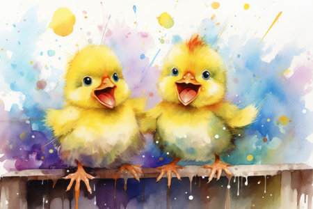 Watercolor illustration of two yellow happy cartoon chicks on the background of pastel paint splashes and stains. Funny birds. Ideal for Easter greeting cards, childrens books, banners, postersの素材