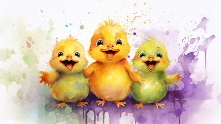 Watercolor illustration of three joyful cartoon chicks on background of pastel paint splashes and stains. Funny birds. Ideal for Easter greeting cards, childrens books, banners, postersの素材