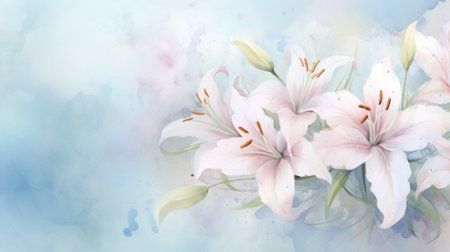 Watercolor illustration of white pink lilies bouquet on soft blue background with aquarelle splashes and stains. Banner with copy space. For greeting card, event invitation, promotion, advertisingの素材