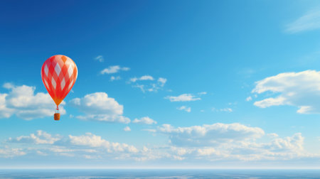 Hot air balloon in the sky. Ideal for travel or adventure themes. Can be used in travel or inspirational content, adventure themes, illustrating freedom, exploration, or peaceful journeys.の素材