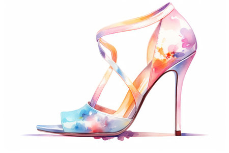 Watercolor fashion women high heeled shoe against white background. In light rainbow colors. Ideal for fashion blogs or retail advertisementsの素材