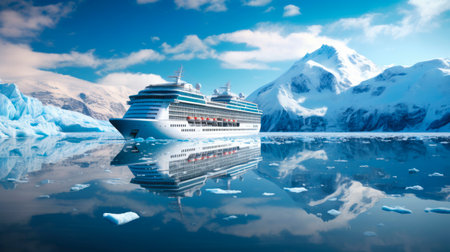 Cruise Ship Sailing in Icy Waters with Snowy Mountains, glaciers and Icebergs. Arctic Voyage. Polar Expedition. Tourism and travel concept. Good for background, card, banner, poster.の素材