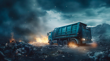 Garbage truck unloading trash at a landfill. Suitable for environmental or waste management purposesの素材