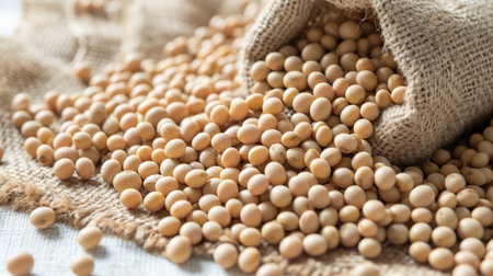 Soybeans spilled from a burlap bag on a textured surface, showcasing natural and organic agricultural produce.の素材