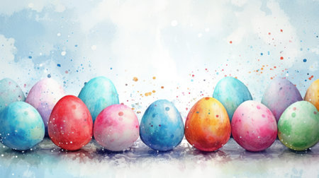 Watercolor illustration of Easter painted colorful eggs on watercolor background with splashes and stains. Banner with copy space. Ideal for Easter promotions, spring events, holiday greetingsの素材
