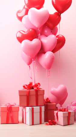 Heart-shaped balloons in various shades of red and pink, floating above a selection of gift boxes. Ideal for use in Valentines Day promotions or romantic event decorations. Verticalの素材