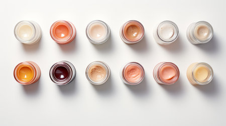Top view of open cosmetic jars with a range of colors, perfect for skincare routine representation or beauty product layouts.の素材